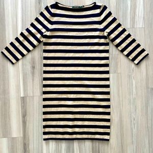 RALPH LAUREN nautical midi sweater dress striped navy gold metallic boatneck M